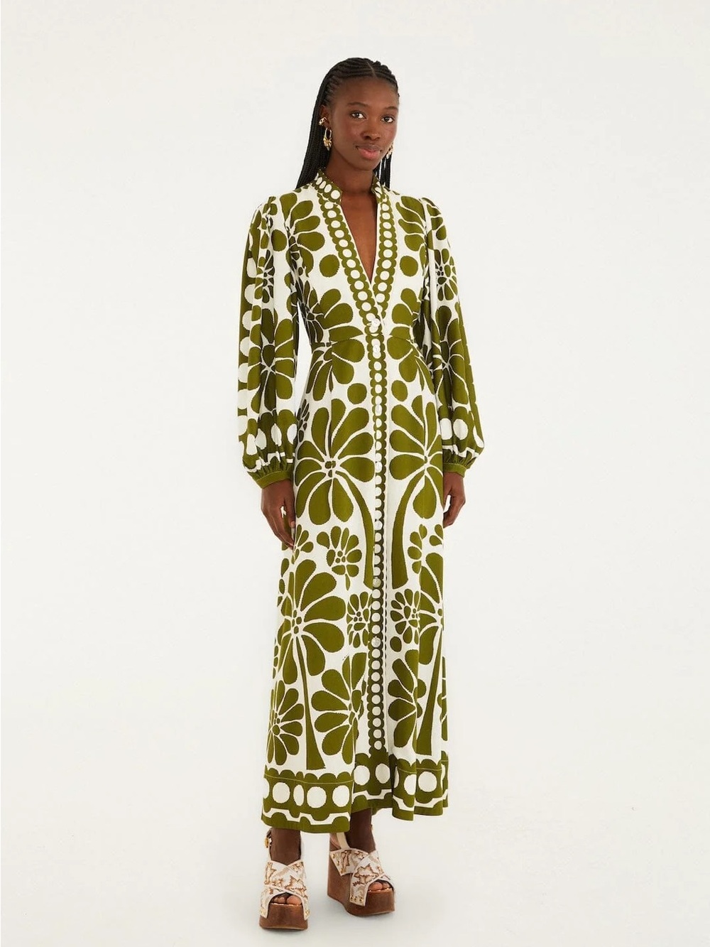 FARM Rio Olive and White Floral Maxi Dress